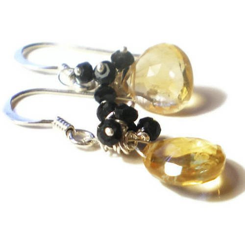 Boucles d'oreilles en argent citrine jaune et spinelles noires