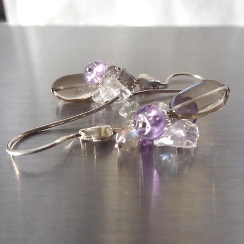 Boucles d'oreilles pendantes amethyste, quartz fumé