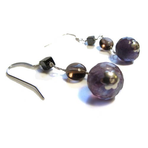 Boucles d'oreilles en argent 925, quartz fume et fluorite violette