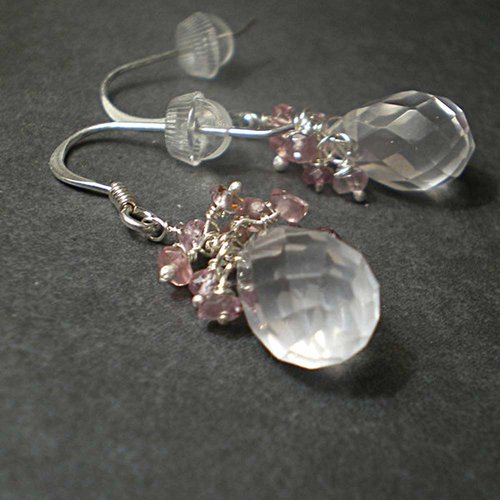 Boucles d'oreilles quartz rose en argent massif 925 et spinelles naturelles