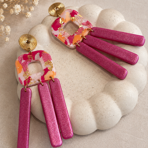 Boucles d'oreilles franges roses patchwork & or