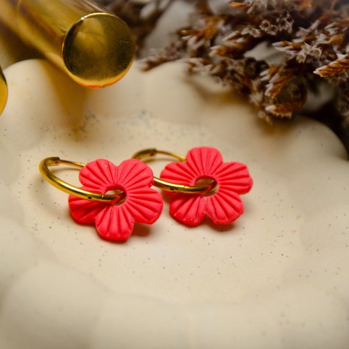 Fleurs hibiscus framboise— boucles d'oreilles faites main