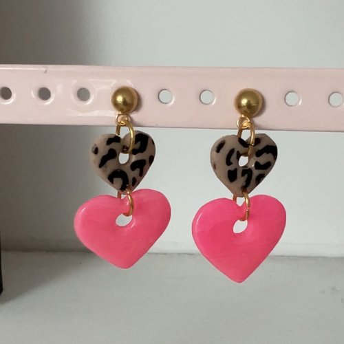 Boucles d’oreilles cœur – léopard & rose pop (acier inoxydable 316)