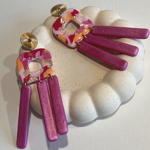 Boucles d'oreilles franges roses patchwork & or