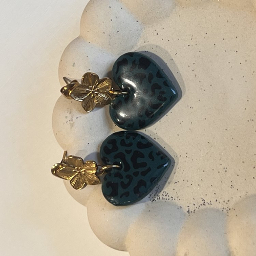 Boucles d'oreilles cœur léopard vert émeraude