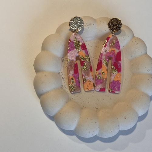 Boucles d'oreilles arche trapèze patchwork rose & or