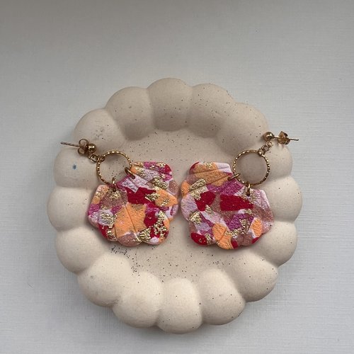 Boucles d'oreilles fleur patchwork rouge & or