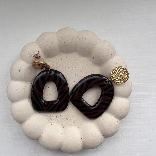 Boucles d'oreilles ovale marron zébré noir