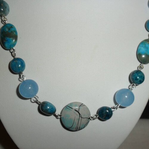 Aigue marine et agate bleue marbrée collier réglable de 54 à 59 cm femme
