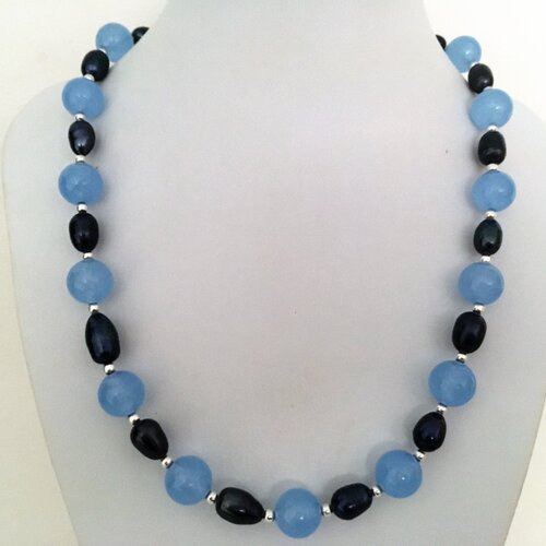 Aigue marine et perles de culture noires collier 49 cm femme