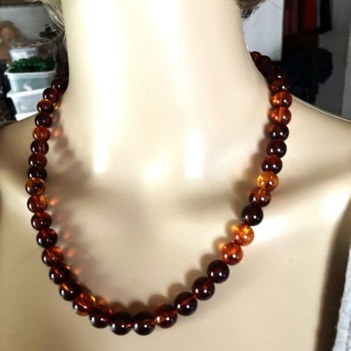 Collier ambre cognac, brun, roux, classique 50 cm perles de 10mm bijou femme