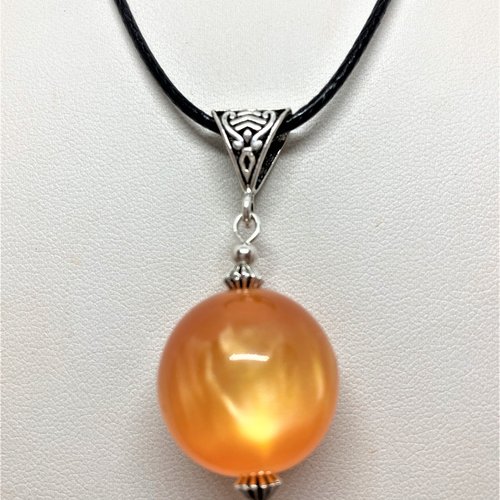 Ambre jaune orangé pendentif perle de 20mm collier cordon coton ciré noir 45/50 cm femme homme