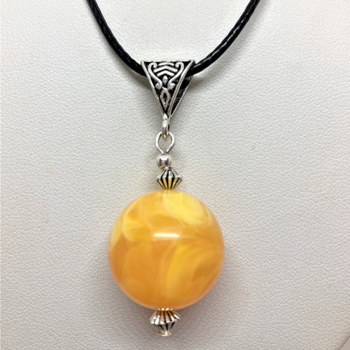 Ambre jaune pendentif perle de 20mm collier cordon coton ciré noir 45/50 cm femme homme
