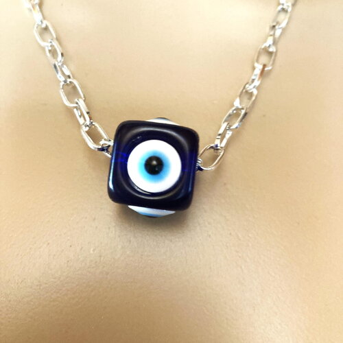 Pendentif cube porte bonheur grec protection tendance collier chaîne 48 cm bijou homme femme