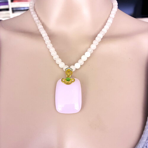 Collier pendentif quartz rose 45/50 cm perles rondes de 6mm pierres fines bijou femme