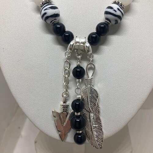 Collier onyx noir, céramique, cristal, création originale 48 cm bijou femme