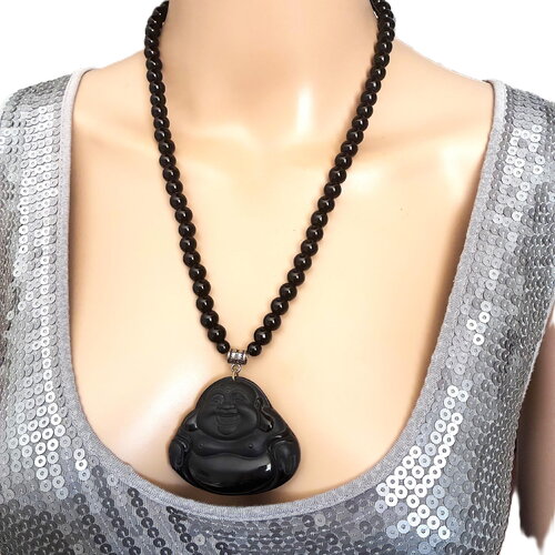 Collier pendentif sculpté bouda onyx noir 55 cm perles 8mm bijou femme