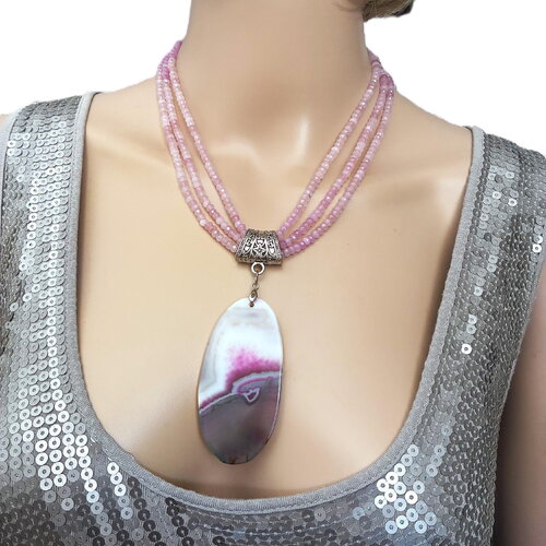 Collier jade mauve 45 cm, pendentif agate 7 cm bijou femme