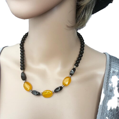 Collier onyx noir et topaze 47 cm pierres fines bijou femme