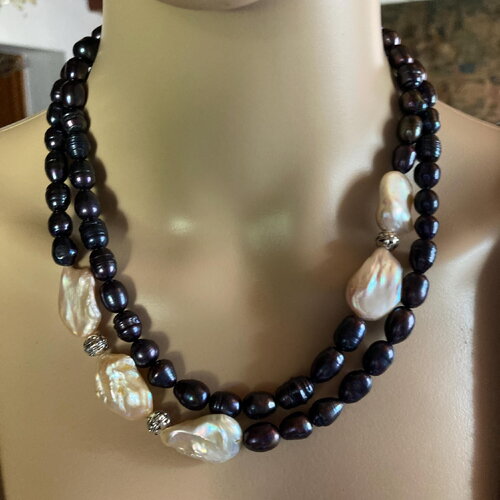 Perles de culture noires très beaux késhis rose superbe collier double rangs 52 cm bijou femme