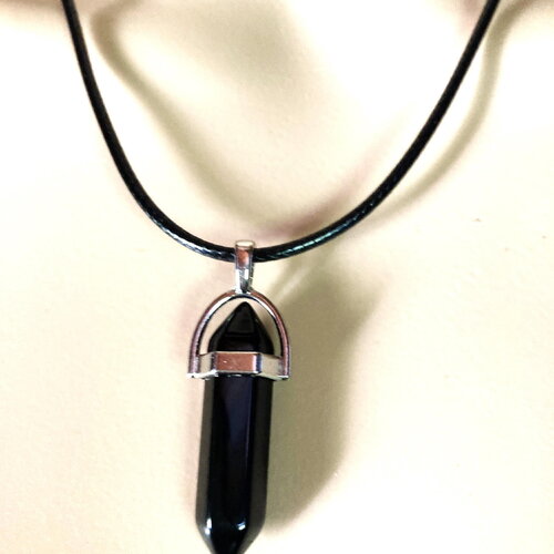 Pendentif onyx noir pierre pointe sur collier cordon noir 45/50 cm bijou homme femme
