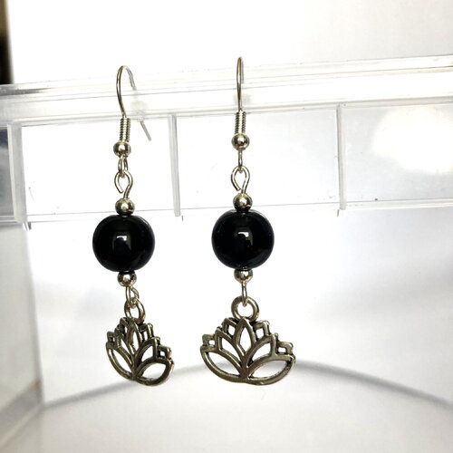 Boucles d'oreilles onyx noir et fleur de lotus bijou femme