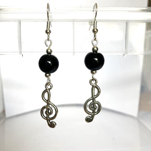 Boucles d'oreilles onyx noir et clef de sol bijou femme