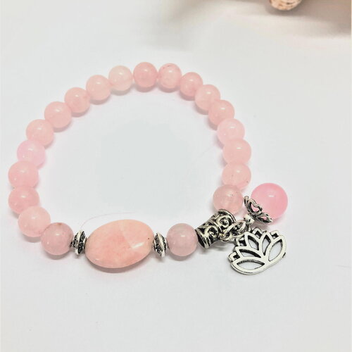 Quartz rose bracelet tendance de 16 à 19 cm perles de 8mm avec breloques bijou femme