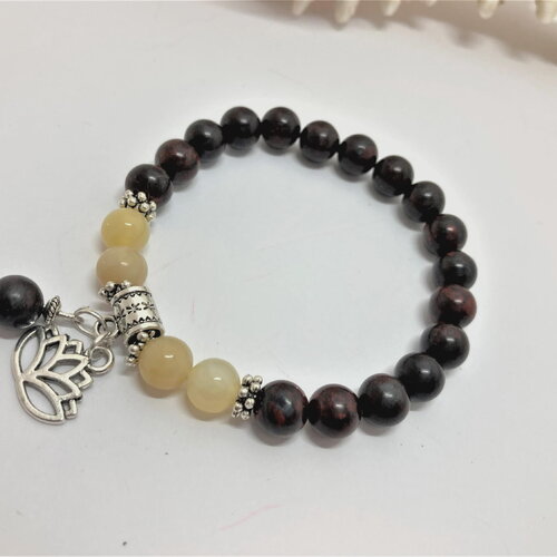 Jaspe brun jade jaune bracelet tendance 16 à 19 cm perles 8mm pendant fleur de lotus argenté bijou homme femme