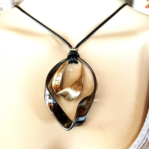 Pendentif double métal moderne sur collier/sautoir cordon en coton noir 85 cm bijou femme