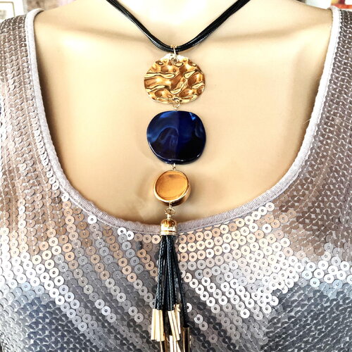 Pendentif métal doré et bleu sur collier/sautoir jeu de 4 cordons noir 65 cm bijou femme