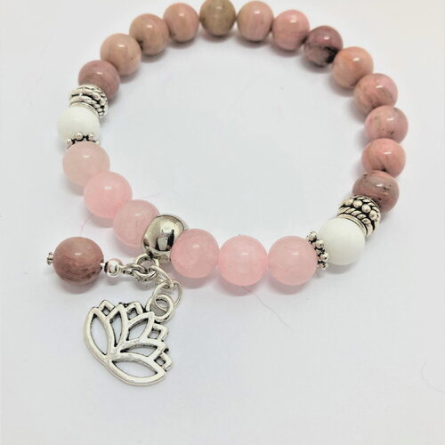 Quartz rose rhodonite onyx blanc superbe bracelet tendance 16 à 19 cm pierres fines 8mm  avec breloques bijou femme