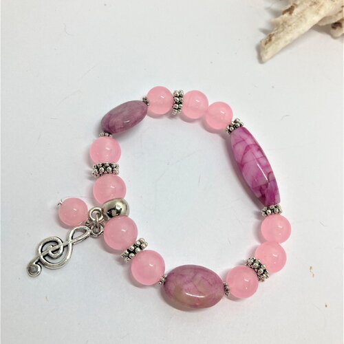 Quartz rose et agate marbrée rose bracelet tendance de 16 à 19 cm perles de 8mm avec breloques bijou femme