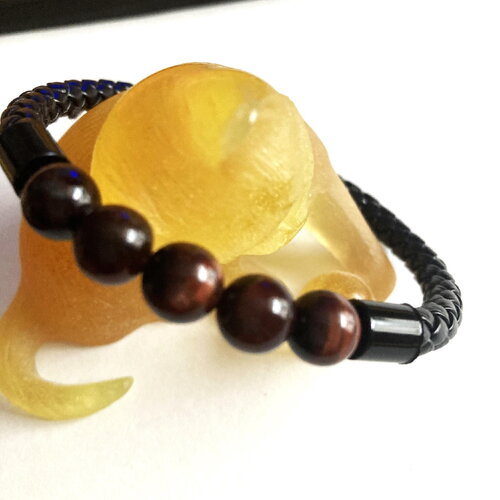 Bracelet tressé noir perles oeil de tigre fermoir magnétique bijou homme