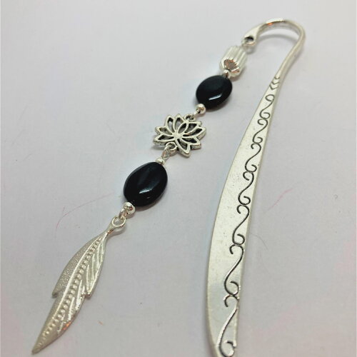 Marque-pages signet métal argenté onyx noir pierre véritable fleur de lotus et feuille argentées