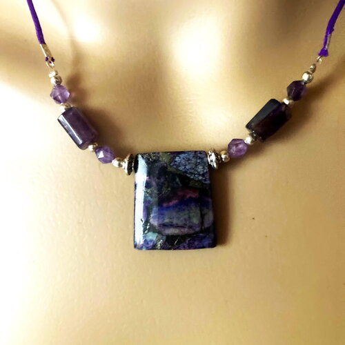 Pendentif jaspe et améthyste sur collier cordon violet 55/60 cm bijou femme