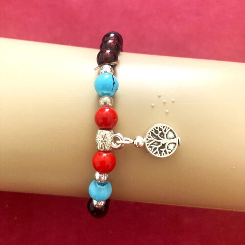 Bracelet agate avec pendant arbre de vie perles de 5mm tendance bijou homme