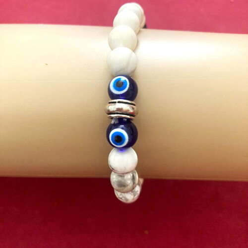 Bracelet howlite porte bonheur, grec, perles de 8mm tendance bijou homme