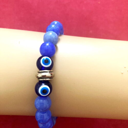Bracelet agate bleue porte bonheur, grec, perles de 8mm tendance bijou homme