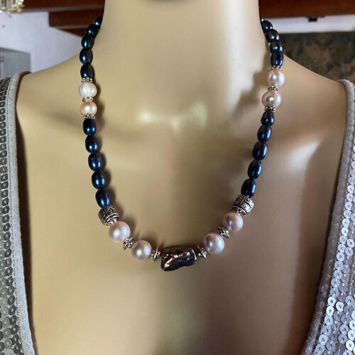 Perles de culture noires et rose baroques collier 51 cm bijou femme