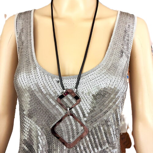Pendentif original en métal argenté sur collier/sautoir cordon épais noir 68/73 cm bijou femme