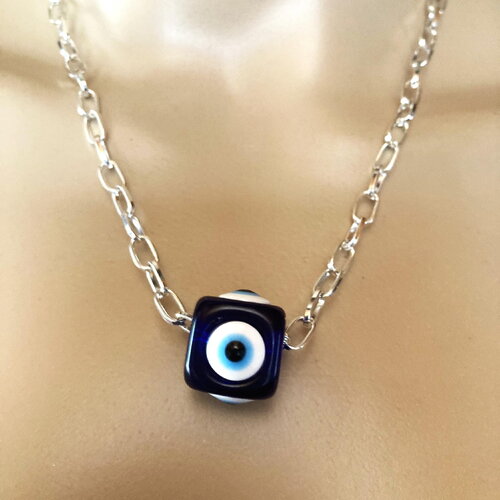 Pendentif cube porte bonheur grec protection tendance collier chaîne 48 cm bijou homme femme