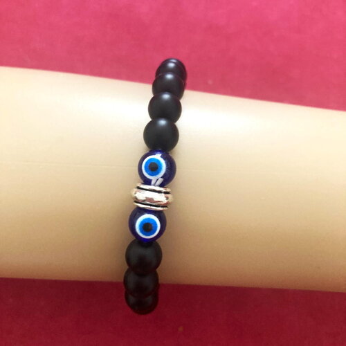 Bracelet onyx noir mat porte bonheur, grec, perles de 8mm tendance bijou homme