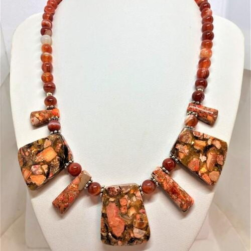 Collier agate et jaspe marbré orangé pierres fines 49 cm bijou femme