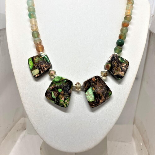 Collier agate veinée et jaspe superbe collier avec grosses pierres plates à la base 48cm très original bijou femme