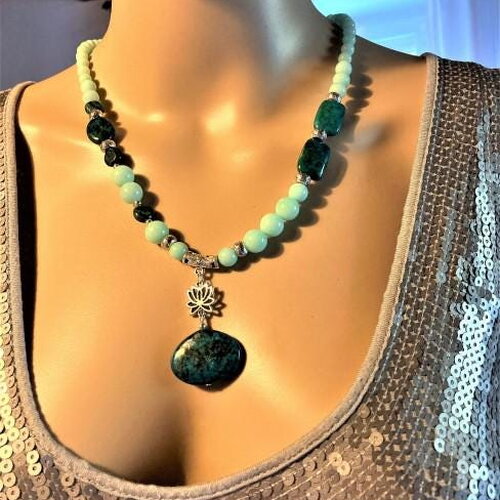 Collier amazonite et chrysocolle collier long avec pendentif 58 cm bijou femme