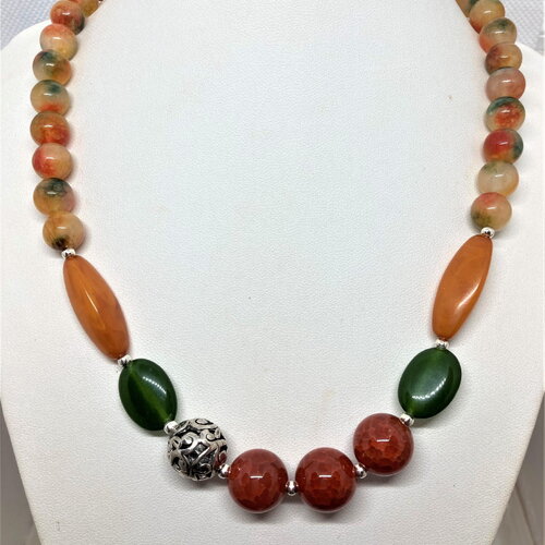 Collier agate, jade 47 cm pierre semi-précieuse argent tibétain bijou femme