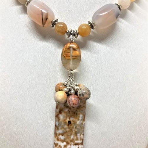 Collier agate beige, jaspe brun/beige, pendentif jaspe 50 cm bijou femme