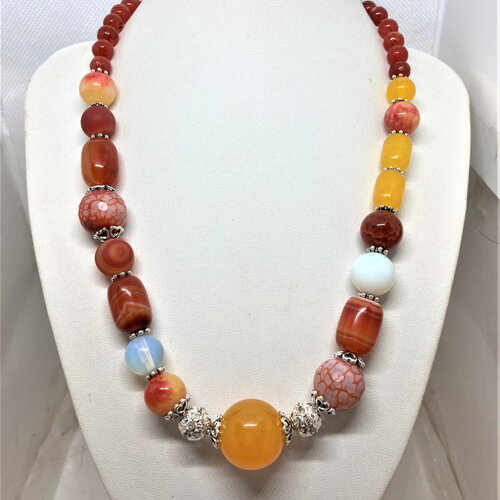 Collier agate, citrine, cornaline, pierre de lune 50 cm grosses perles ovales et rondes et argent tibétain bijou femme