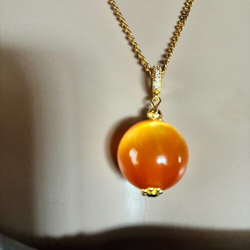 Pendentif ambre jaune orangé marbré perle ronde de 20 mm collier 50 cm chaîne dorée acier inoxydable bijou femme homme